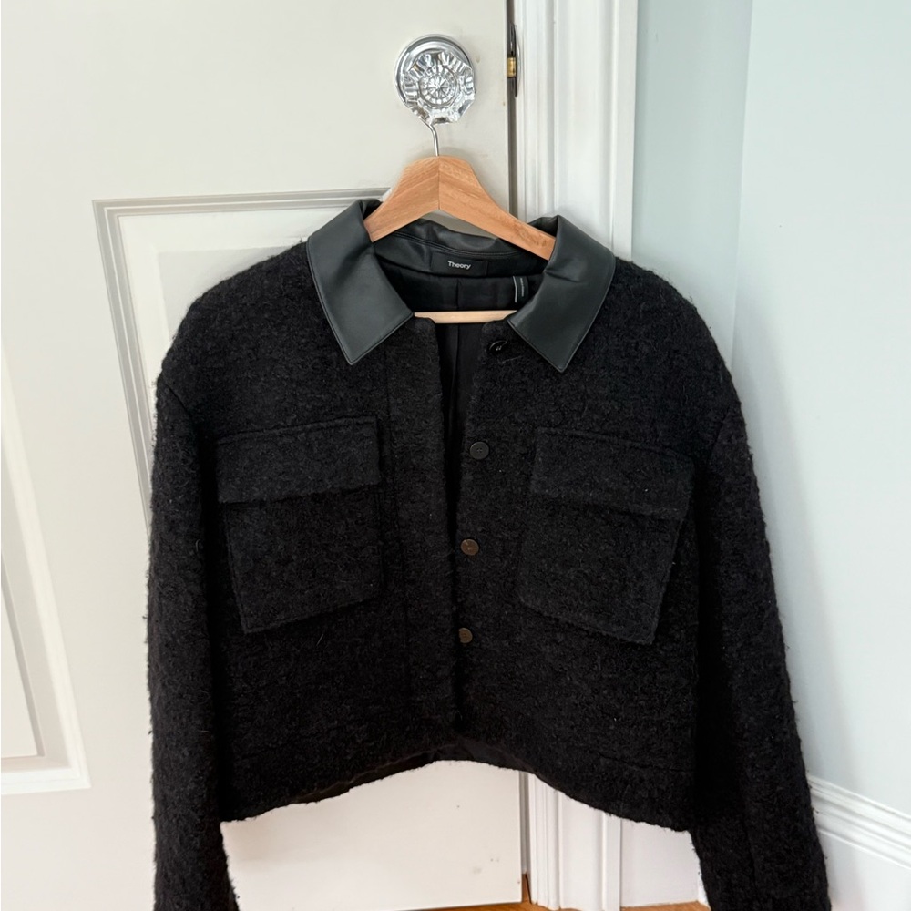 Theory Black Cropped Jacket with Leather Collar